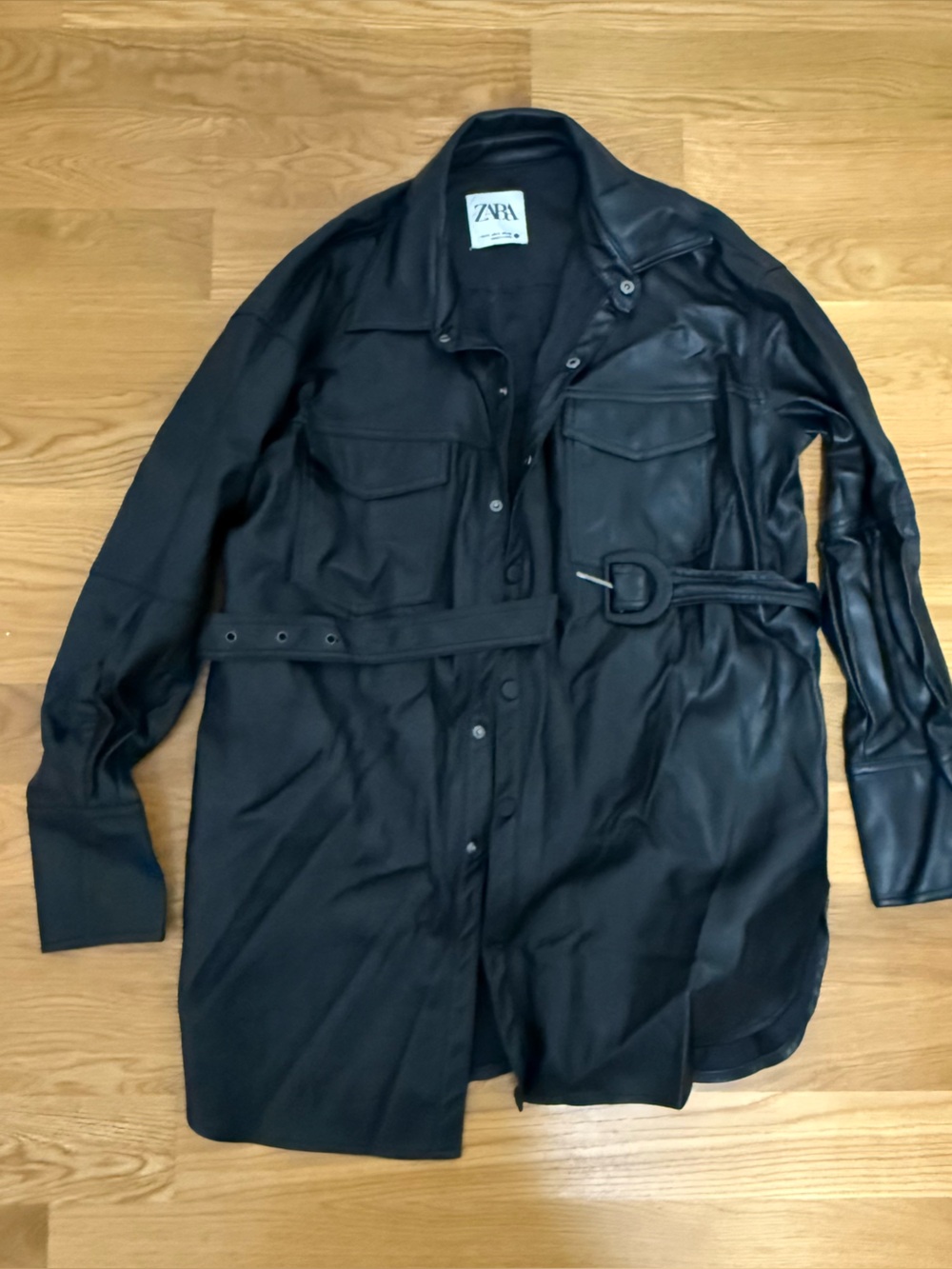 Zara Black Faux Leather Belted Trench Shirt